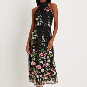 Black embroidered floral halter dress